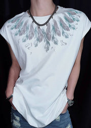 Chic White Feather Print Cotton Mens T Shirt Summer