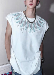 Chic White Feather Print Cotton Mens T Shirt Summer