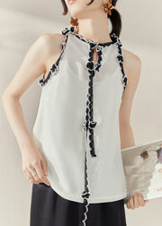 Chic White Floral Ruffled Patchwork Tops Sleeveless