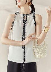 Chic White Floral Ruffled Patchwork Tops Sleeveless