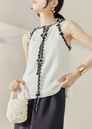 Chic White Floral Ruffled Patchwork Tops Sleeveless