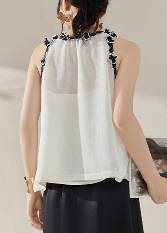 Chic White Floral Ruffled Patchwork Tops Sleeveless