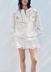 Chic White Hollow Out Embroidered Cotton Two Piece Set Fall