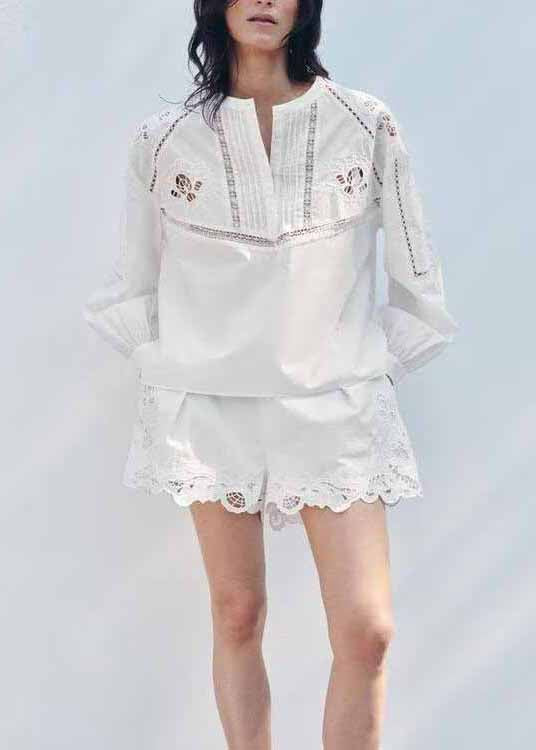 Chic White Hollow Out Embroidered Cotton Two Piece Set Fall