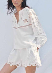 Chic White Hollow Out Embroidered Cotton Two Piece Set Fall