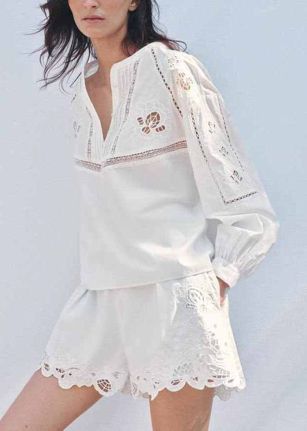 Chic White Hollow Out Embroidered Cotton Two Piece Set Fall