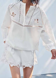 Chic White Hollow Out Embroidered Cotton Two Piece Set Fall