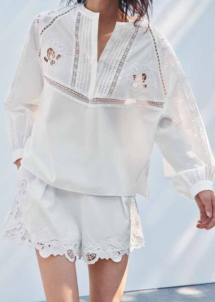 Chic White Hollow Out Embroidered Cotton Two Piece Set Fall