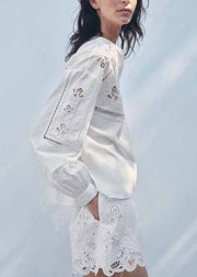 Chic White Hollow Out Embroidered Cotton Two Piece Set Fall