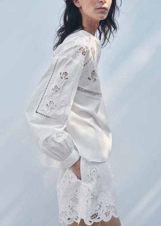 Chic White Hollow Out Embroidered Cotton Two Piece Set Fall
