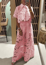 Chic White Hollow Out Shirts And Wide Leg Pants Two Pieces Set Short Sleeve
