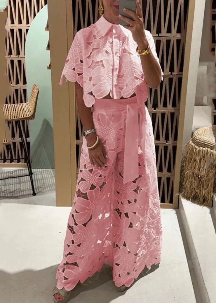 Chic White Hollow Out Shirts And Wide Leg Pants Two Pieces Set Short Sleeve