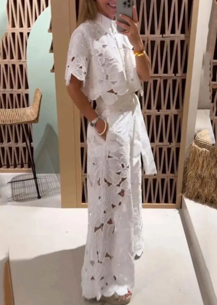 Chic White Hollow Out Shirts And Wide Leg Pants Two Pieces Set Short Sleeve