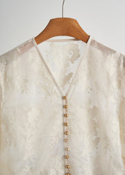 Chic White Jacquard Nail Bead Lace Tops Fall