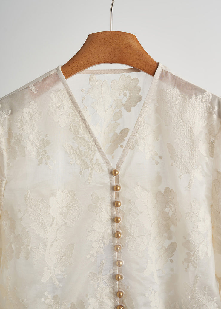 Chic White Jacquard Nail Bead Lace Tops Fall