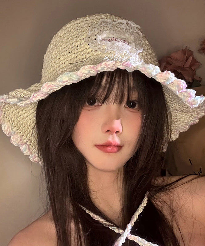 Chic White Lace Patchwork Straw Woven Bucket Hat