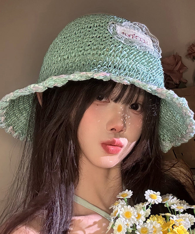 Chic White Lace Patchwork Straw Woven Bucket Hat