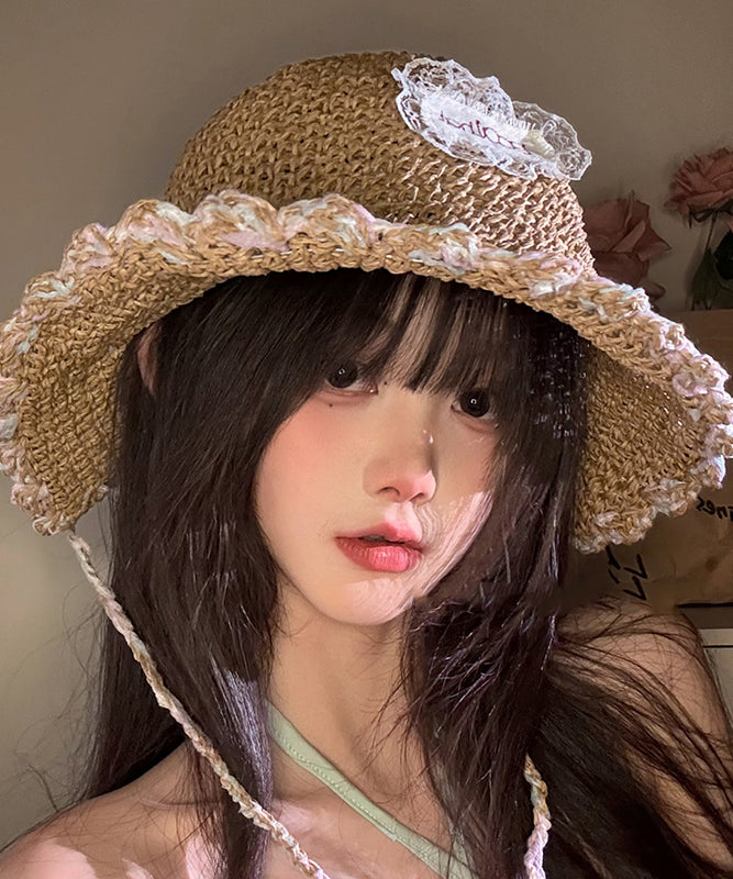 Chic White Lace Patchwork Straw Woven Bucket Hat