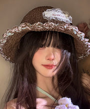 Chic White Lace Patchwork Straw Woven Bucket Hat