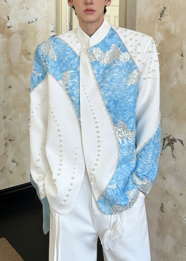 Chic White Nail Bead Sequins Patchwork Cotton Coats Men Fall