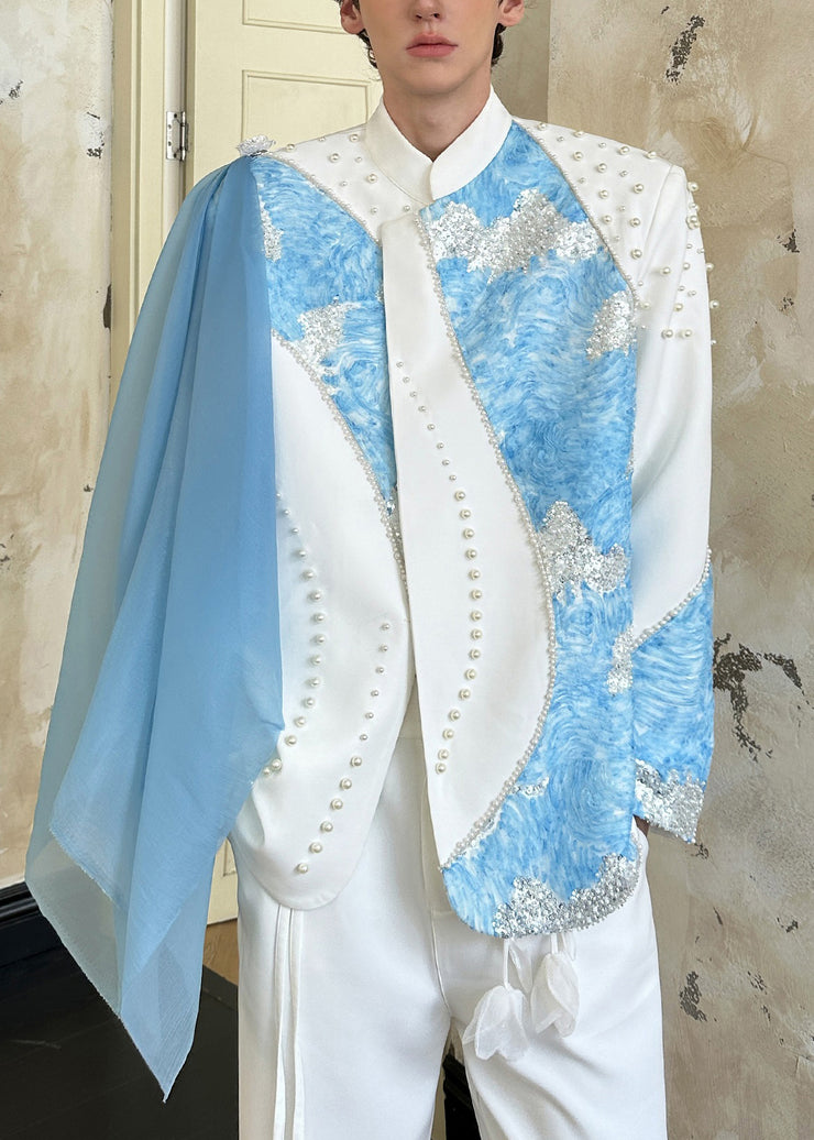 Chic White Nail Bead Sequins Patchwork Cotton Coats Men Fall