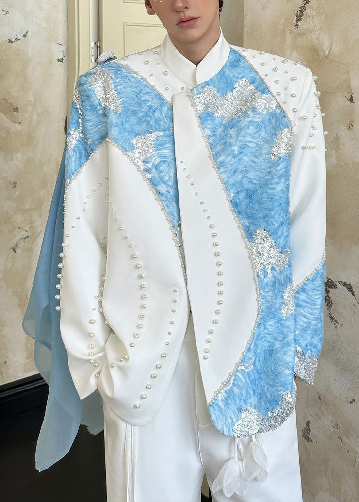 Chic White Nail Bead Sequins Patchwork Cotton Coats Men Fall