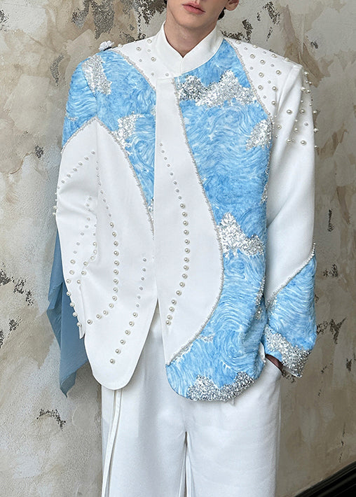 Chic White Nail Bead Sequins Patchwork Cotton Coats Men Fall
