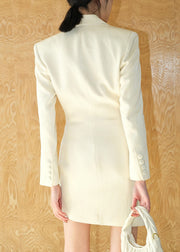 Chic White Notched Button Spandex Mid Dress Fall