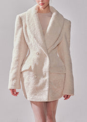 Chic White Notched Patchwork Button Faux Fur Coats Winter