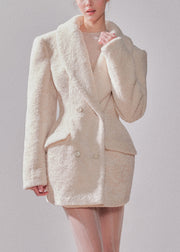 Chic White Notched Patchwork Button Faux Fur Coats Winter
