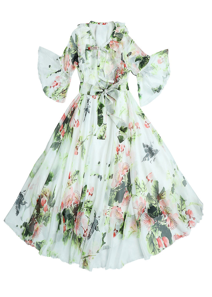 Chic White O-Neck Bow Print Ruffled Chiffon Long Beach Dresses Long Sleeve