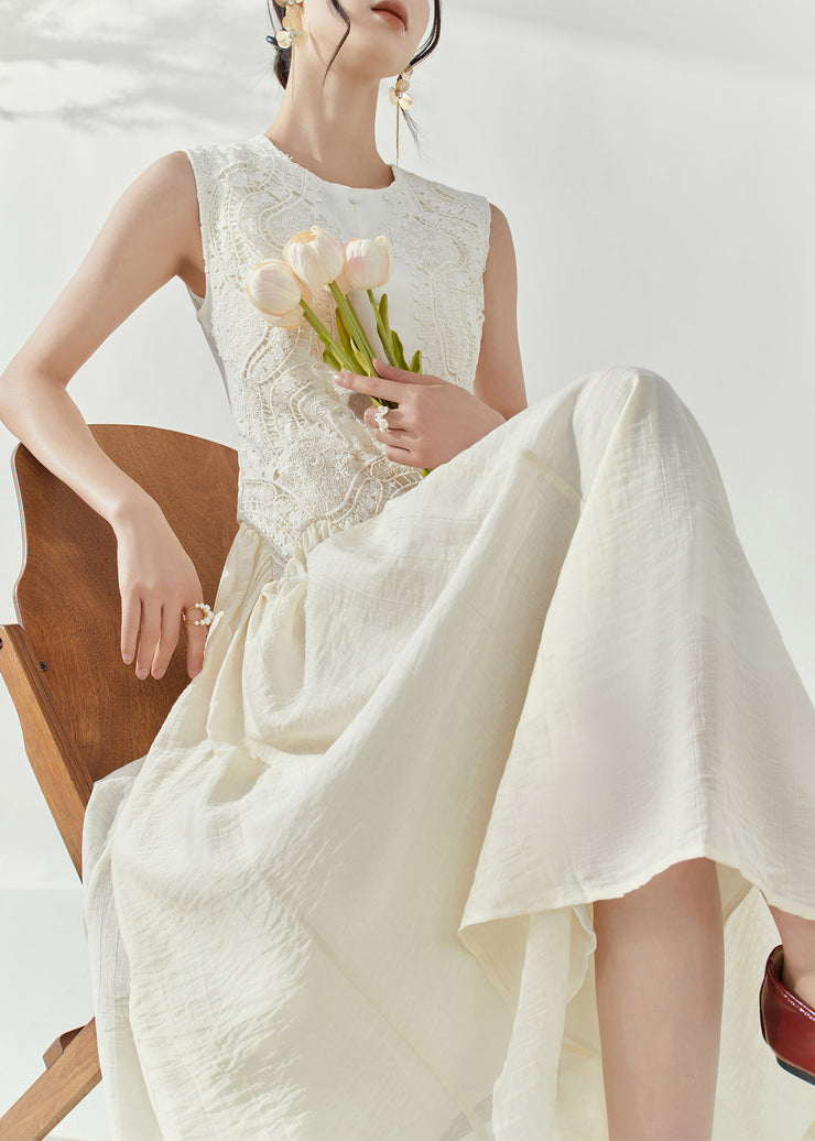 Chic White O-Neck Embroidered Patchwork Holiday Long Dress Summer