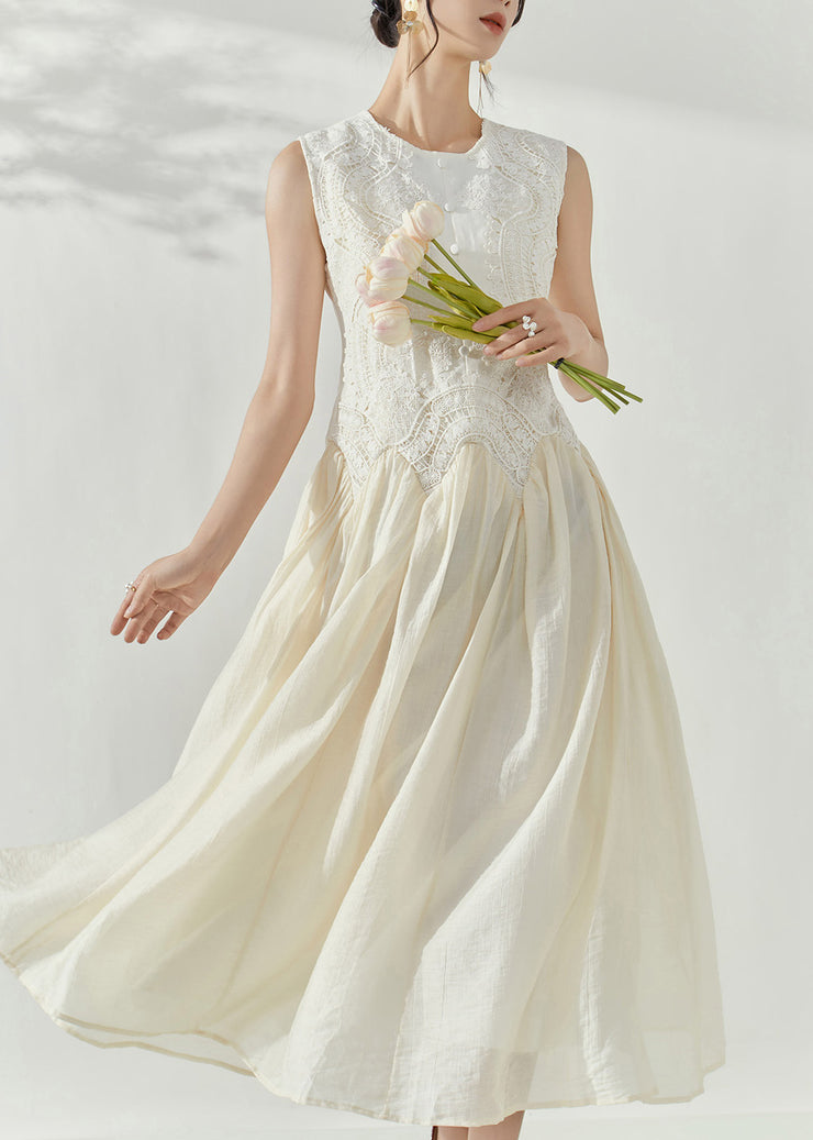 Chic White O-Neck Embroidered Patchwork Holiday Long Dress Summer
