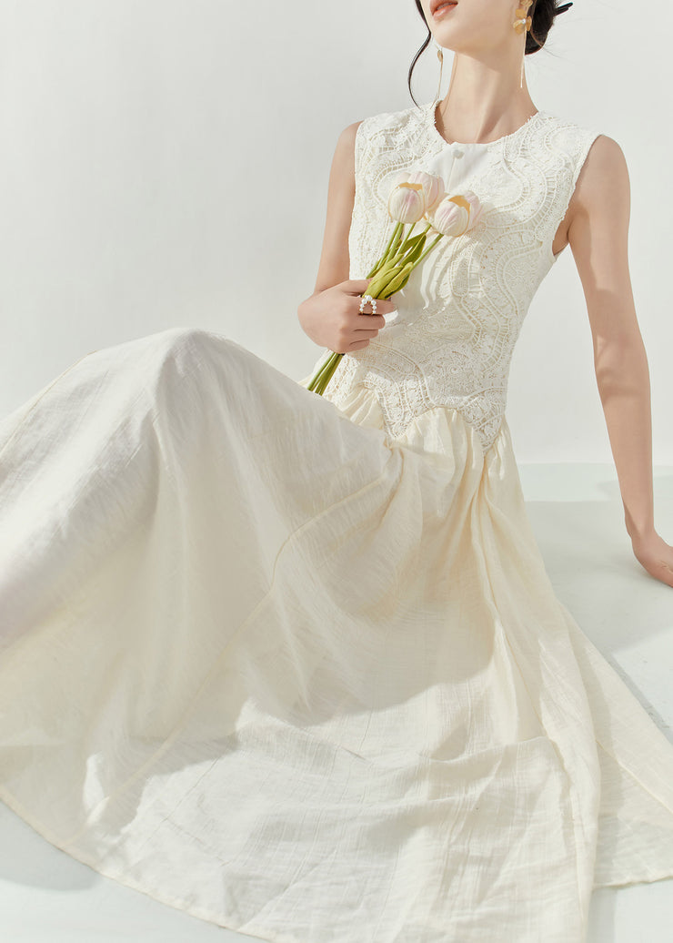 Chic White O-Neck Embroidered Patchwork Holiday Long Dress Summer