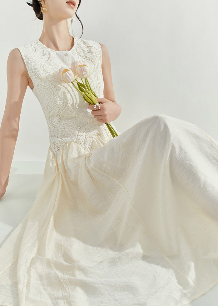 Chic White O-Neck Embroidered Patchwork Holiday Long Dress Summer