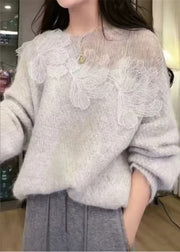 Chic White Oversized Patchwork Knitted Tops Fall