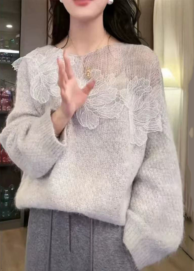 Chic White Oversized Patchwork Knitted Tops Fall