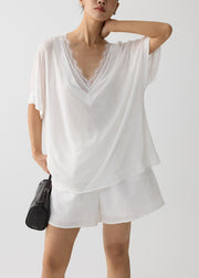 Chic White Oversized Patchwork Lace Cotton Pajama Sets Summer