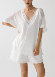 Chic White Oversized Patchwork Lace Cotton Pajama Sets Summer