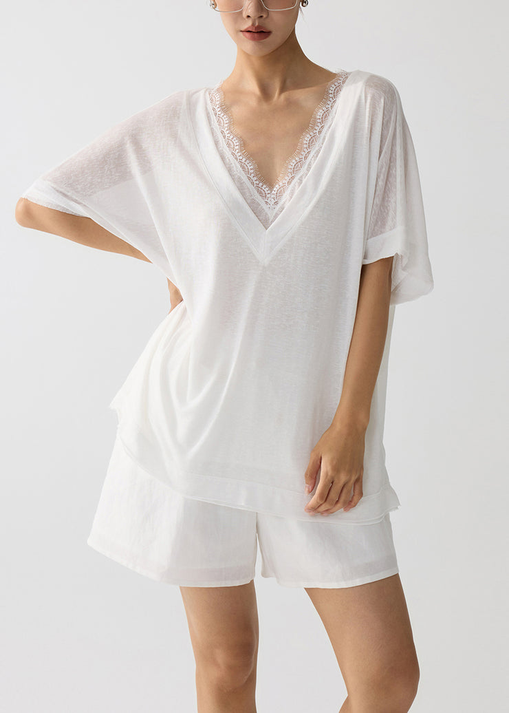 Chic White Oversized Patchwork Lace Cotton Pajama Sets Summer