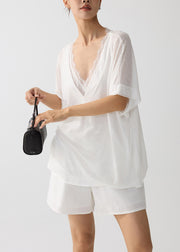 Chic White Oversized Patchwork Lace Cotton Pajama Sets Summer