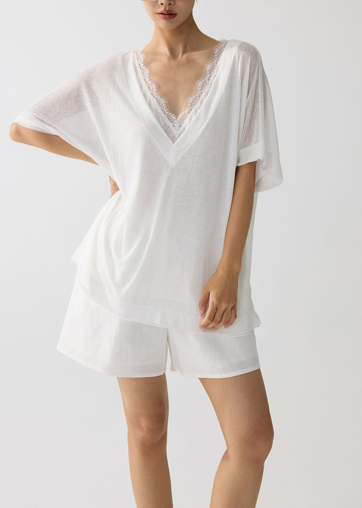 Chic White Oversized Patchwork Lace Cotton Pajama Sets Summer