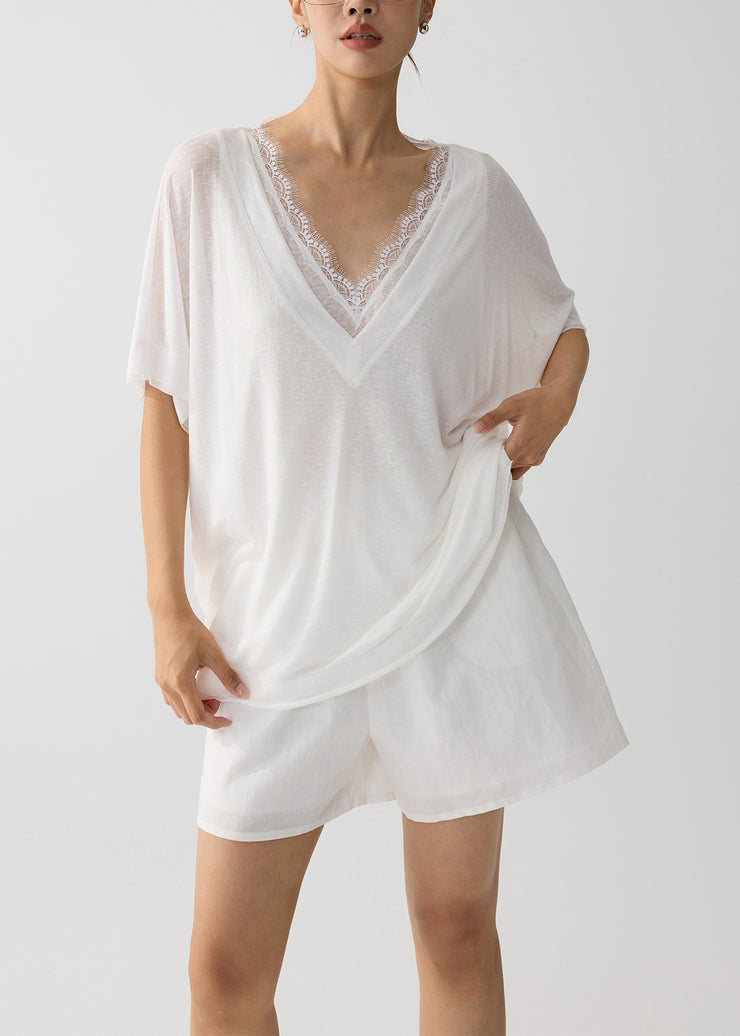 Chic White Oversized Patchwork Lace Cotton Pajama Sets Summer