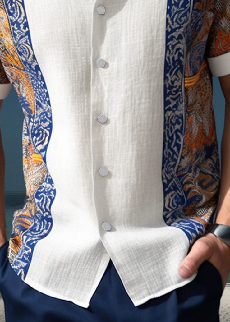 Chic White Peter Pan Collar Print Button Cotton Men Shirts Summer
