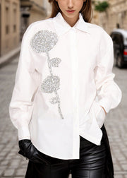 Chic White Rhinestone Floral Decorated Cotton Top Fall