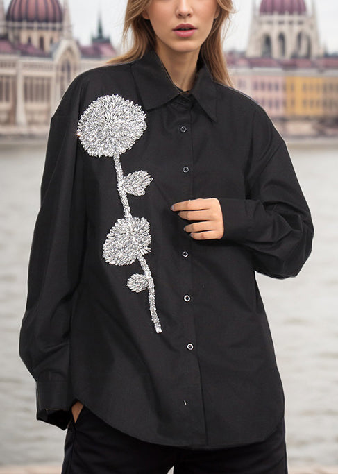 Chic White Rhinestone Floral Decorated Cotton Top Fall