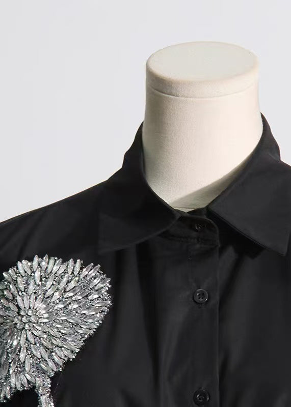 Chic White Rhinestone Floral Decorated Cotton Top Fall