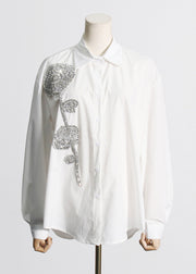 Chic White Rhinestone Floral Decorated Cotton Top Fall