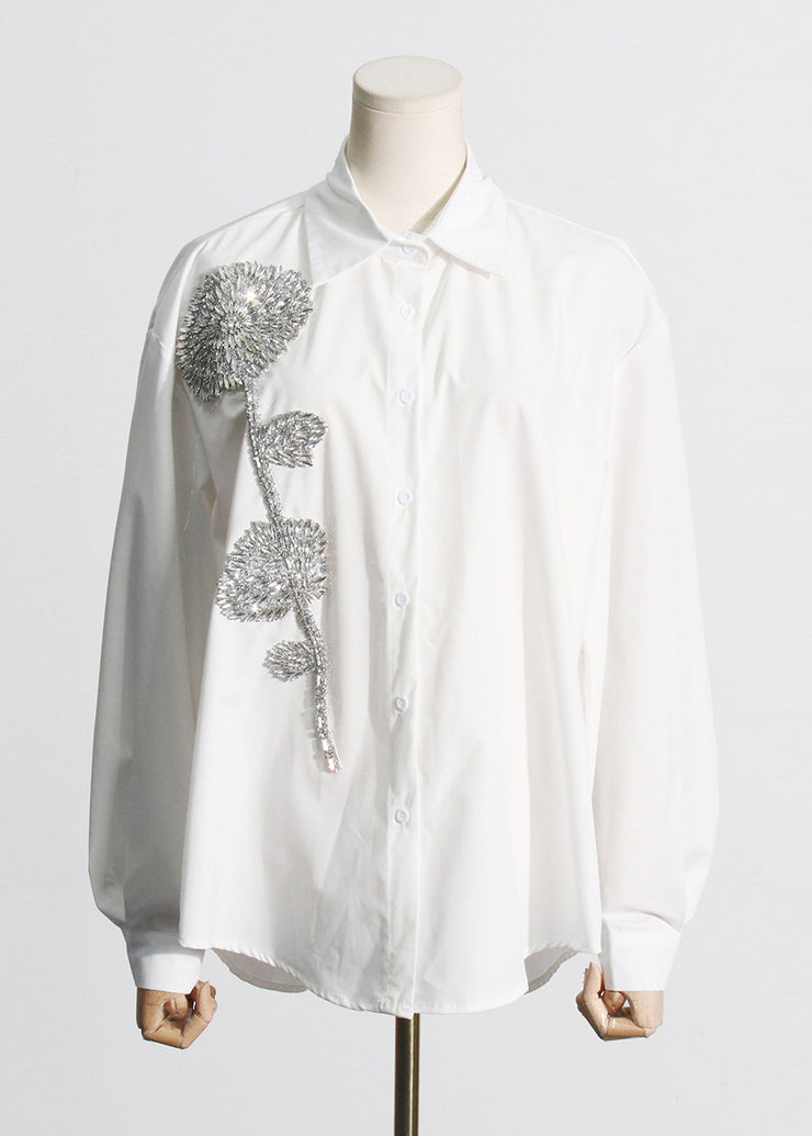 Chic White Rhinestone Floral Decorated Cotton Top Fall