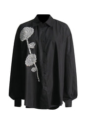 Chic White Rhinestone Floral Decorated Cotton Top Fall
